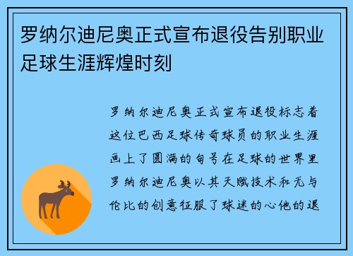 罗纳尔迪尼奥正式宣布退役告别职业足球生涯辉煌时刻 罗纳尔迪尼奥正式宣布退役告别职业足球生涯辉煌时刻