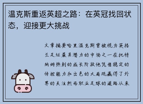 温克斯重返英超之路:在英冠找回状态,迎接更大挑战 温克斯重返英超之路:在英冠找回状态,迎接更大挑战