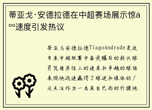 蒂亚戈·安德拉德在中超赛场展示惊人速度引发热议